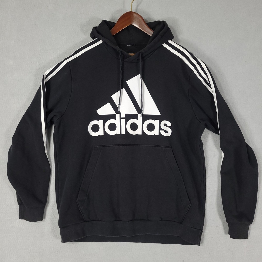 Adidas Hoodie Men's XL Black White 3-Stripe Big Logo Pullover Cotton Essentials